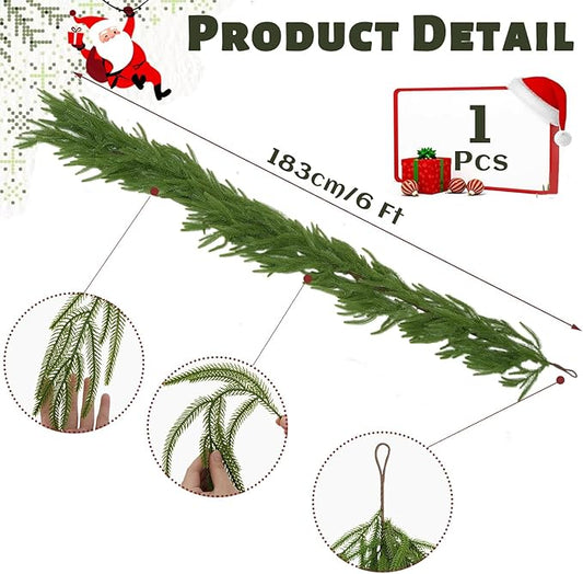 1 Pcs 6FT Christmas Garland, Christmas Decorations, Artificial Norfolk Pine Garland, Faux Greenery Garland for Mantle Fireplace Table Door Wall Upstairs Indoor Outdoor Holiday Xmas Decor
