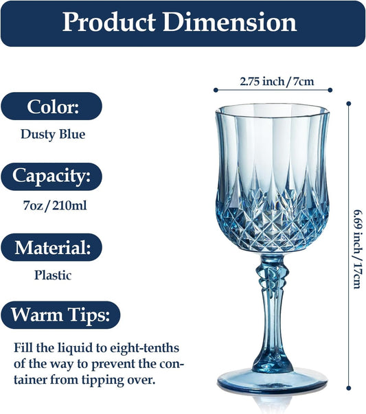 XUWAIDSGN 7oz Plastic Vintage Wine Glasses Drinking Glasses Unbreakable Wedding Glassware Crystal Water Goblets Reusable Drinkware Vintage Champagne Flutes (48, Blue)