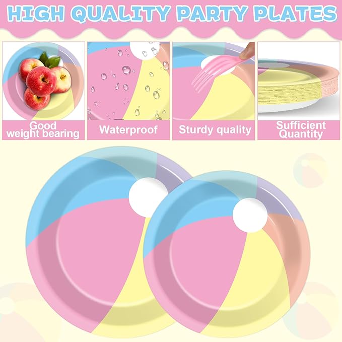 96PCS Summer Macaron Beach Ball Party Paper Plates and Napkins and Forks Set for Macaron Beach Ball Party Paper Plates Disposable Decor Summer Parties Set for Kids Birthday Gatherings Decorations