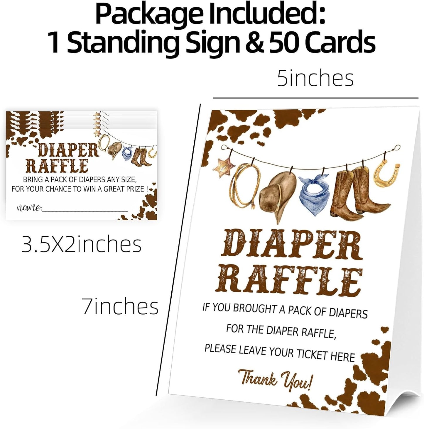 Diaper Raffle Tickets for Baby Shower Game, 1 Standing Sign & 50 Guessing Cards for Baby Shower Party Decoration, West cowboy