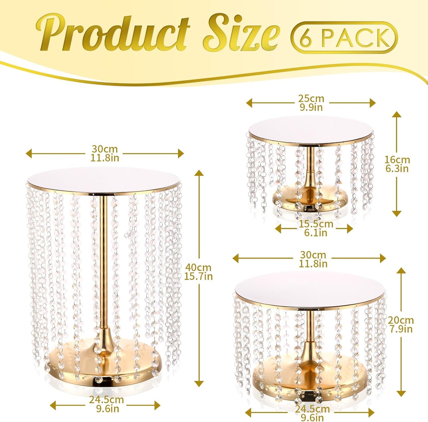 Set of 6 Metal Cake Stands with Crystal Pendant Round Dessert Display Plate Cupcake Holder Pedestal for Wedding Party Birthday Baby Shower Anniversary Celebration Home Decor (Gold)