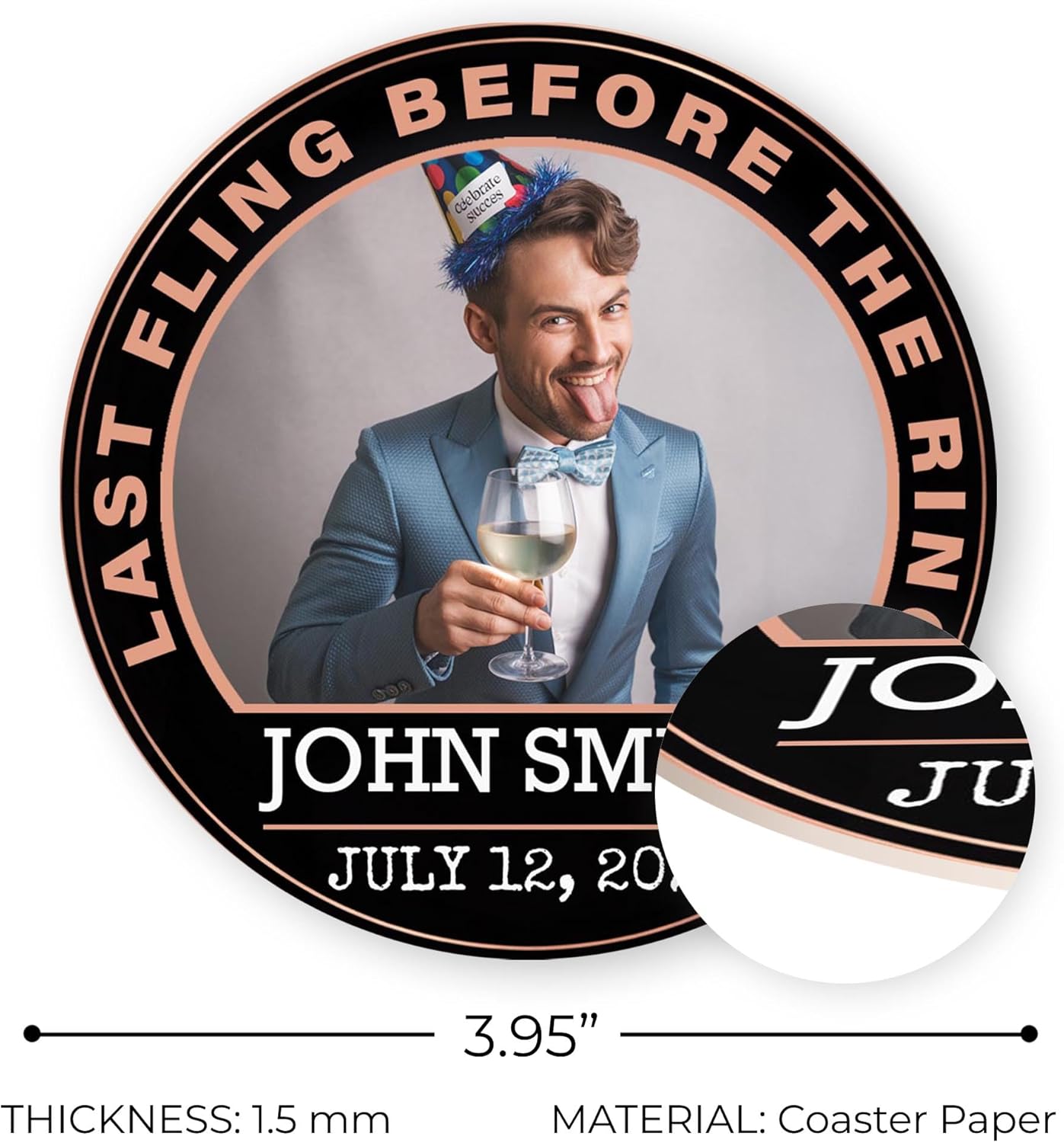 60 Pack Personalized Bachelor Party Coasters, Custom Cardboard Drink Coasters with Photo Print and Text, Fun Bachelor Party Favors and Gifts, 3.95" Round, Design 4