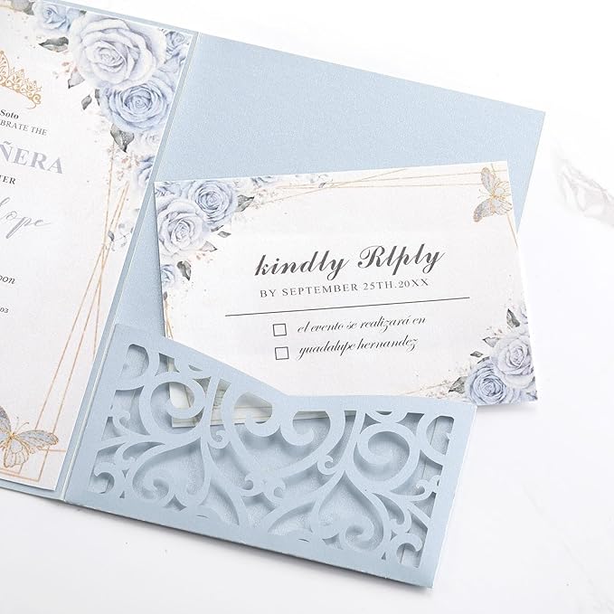 Wedding Invitations with Envelopes and RSVP Cards, Light Blue Laser Cut Invitation Pocket Blank Invitations with Envelopes and Stickers, Bridal Shower Card Birthday Party Invites Custom 50 PCS