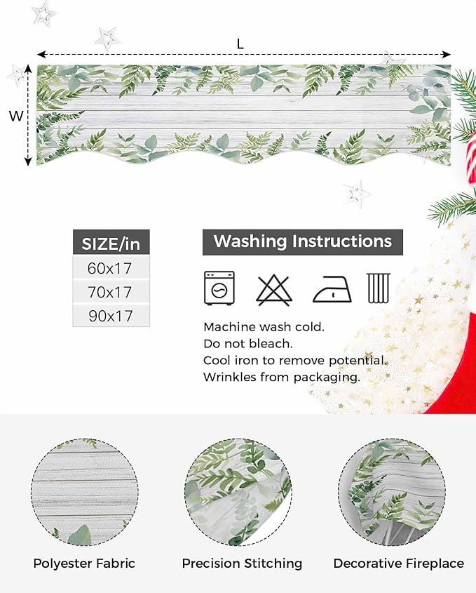 Eucalyptus Leaves Fireplace Mantel Scarf Table Runner, Summer Pastoral Botanical Gray Wooden Winter Garland Mantel Top Tablerunners Dresser Scarves Decorations for Windows Party Living Room 70''x17''