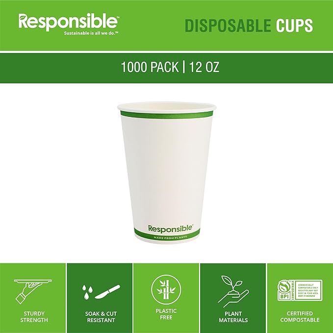Responsible Products 12 oz Paper Hot Cups, Tree-Less™ Compostable Paper Coffee Cups, Extra Strength, Tree-Free and Made Without PFAS, White (1000 Count)