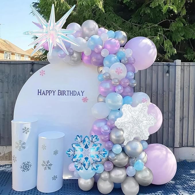 Winter Wonderland Balloon Arch Garland Kit, Snowflake Blue Pink Purple Silver White Balloons Snowflake Star Foil Balloon for Holiday Snow Princess Xmas Christmas Baby Shower Birthday Party Decorations