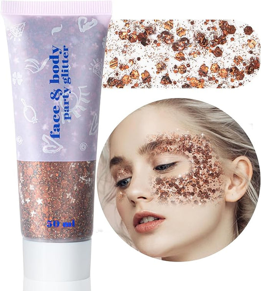 MEICOLY Brown Body Glitter,Deer Maroon Face Glitter Gel,Holographic Mermaid Sequins Halloween Glitter Face Paint,Self-Adhesive Chunky Glitter for Face Body Hair,Glitter Makeup for Women and Kids