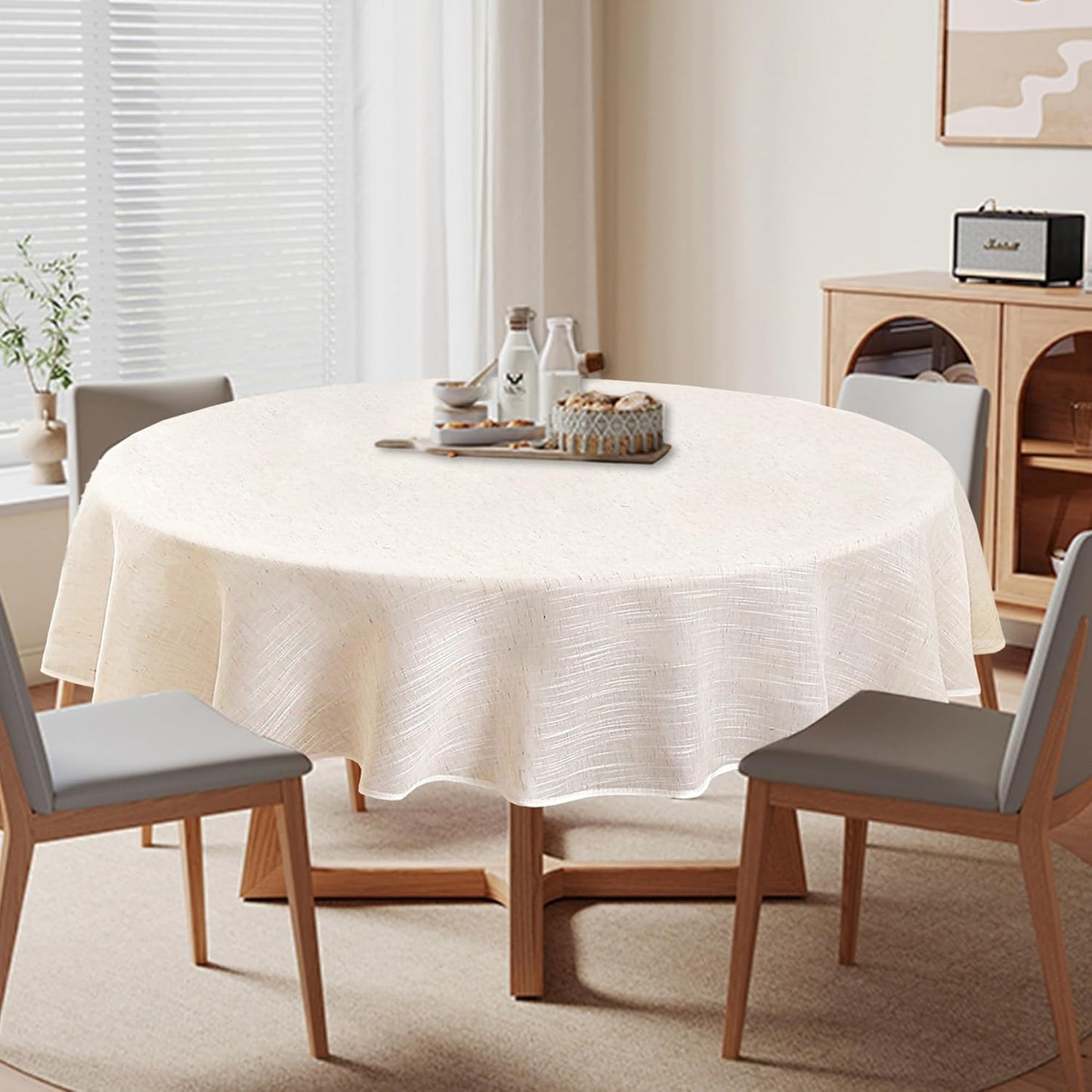Natural Linen Textured Round Tablecloth, Slubby Lightweight Table Cloth 52 Inch, Water Resistant Stain Resistant Farmhouse Burlap Table Cover for Kitchen Dining Room