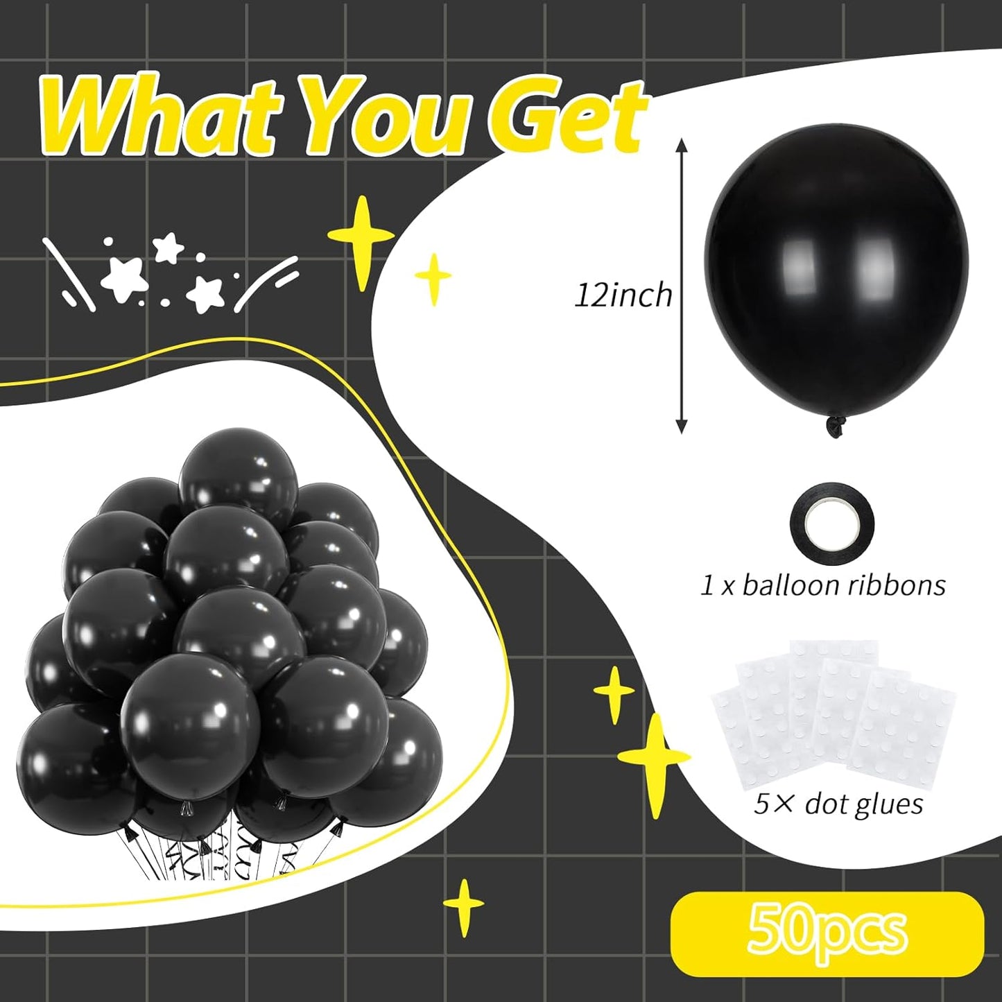 50pcs Black Balloons, 12inch Helium Quality Black Latex Balloons for Birthday Wedding Graduation Halloween Party Decorations (With Ribbon & Glue)