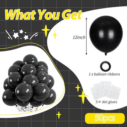 50pcs Black Balloons, 12inch Helium Quality Black Latex Balloons for Birthday Wedding Graduation Halloween Party Decorations (With Ribbon & Glue)