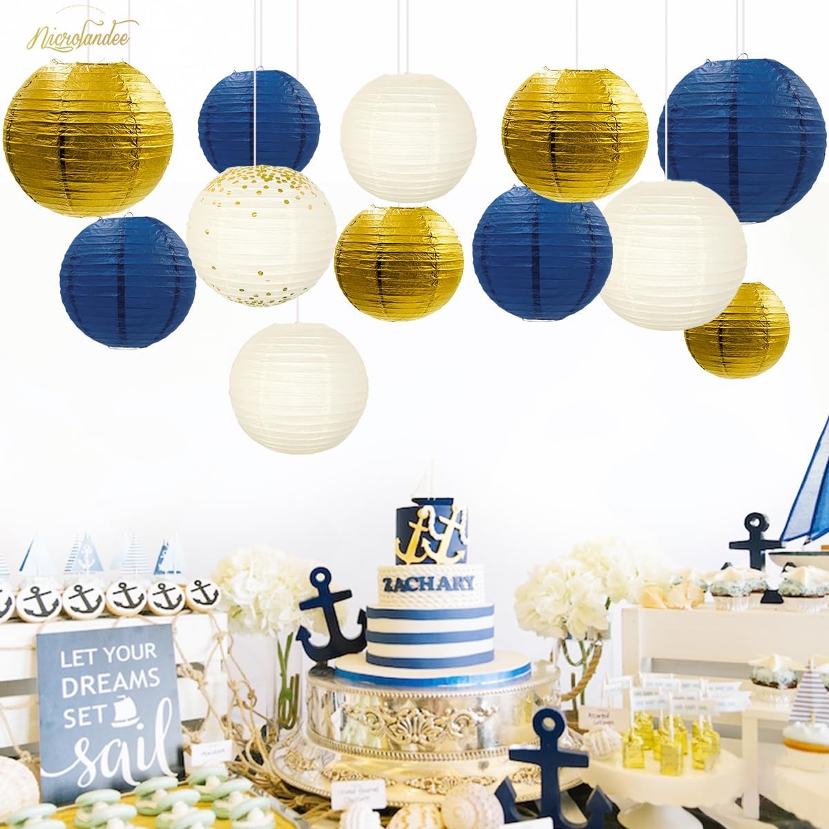 NICROLANDEE Party Decorations - 12PCS Navy Blue Gold Glitter Hanging Paper Lanterns for Graduation Decoration, Birthday, Bridal Shower, Wedding, Engagement, Bachelorette, Gender Reveal Party Supplies
