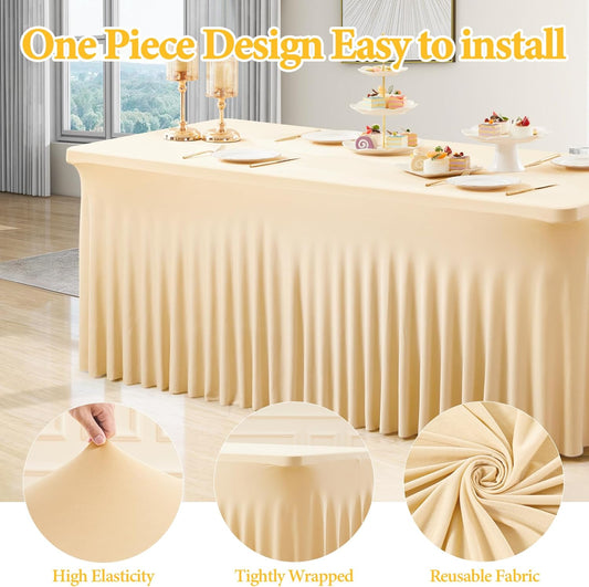 2 Packs Champagne Spandex Table Clothes for 8 Foot Rectangle Table, Spandex Table Covers 8FT Stretch Table Skirts Rectangle Tables Wrinkle Free Fitted Table Cover for Event, Wedding, Banquet & Parties