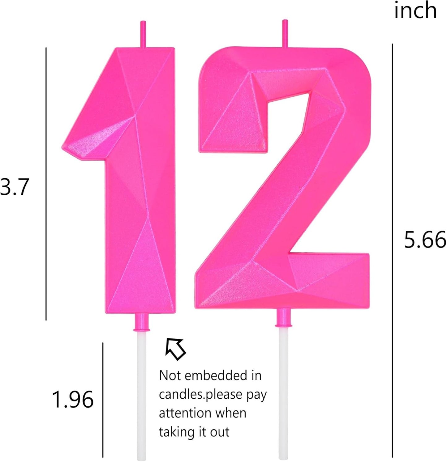 DERVENTA Birthday Candles Big Numbers 3D Pink 3.7 inch Party Cake Topper 1 Piece (Number 12 Pink)