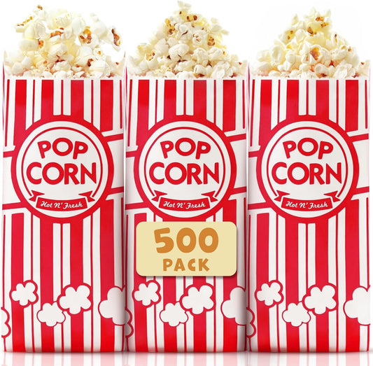 Popcorn Bags - 500-Pack of 1 oz Individual Servings - Leakproof Bottom, Holds 4 Cups of Popped Kernels - Classic Red and White Stripes, for Movie Night, Carnival, Party, Theater, and Snack Bars