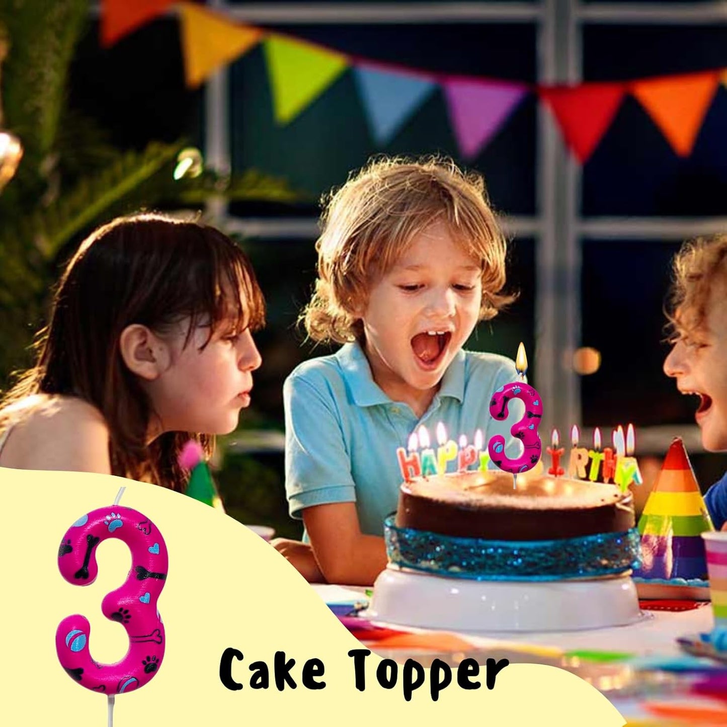 Number 3 Pink Purple Dog Paw Birthday Candles Cake Topper Numeral Birthday Candles for Boy Girl Dog Paw Decoration