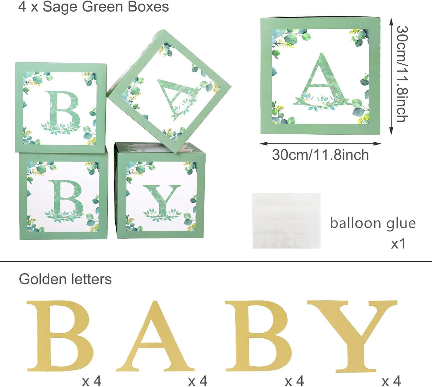 Sage Green Baby Boxes with Letters for Baby Shower - 4 Pcs BABY Balloon Party Boxes Blocks for Boy Girl Birthday Party Favors,Gender Reveal ,Safari Baby Shower Decorations