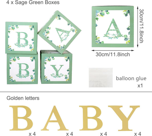 Sage Green Baby Boxes with Letters for Baby Shower - 4 Pcs BABY Balloon Party Boxes Blocks for Boy Girl Birthday Party Favors,Gender Reveal ,Safari Baby Shower Decorations