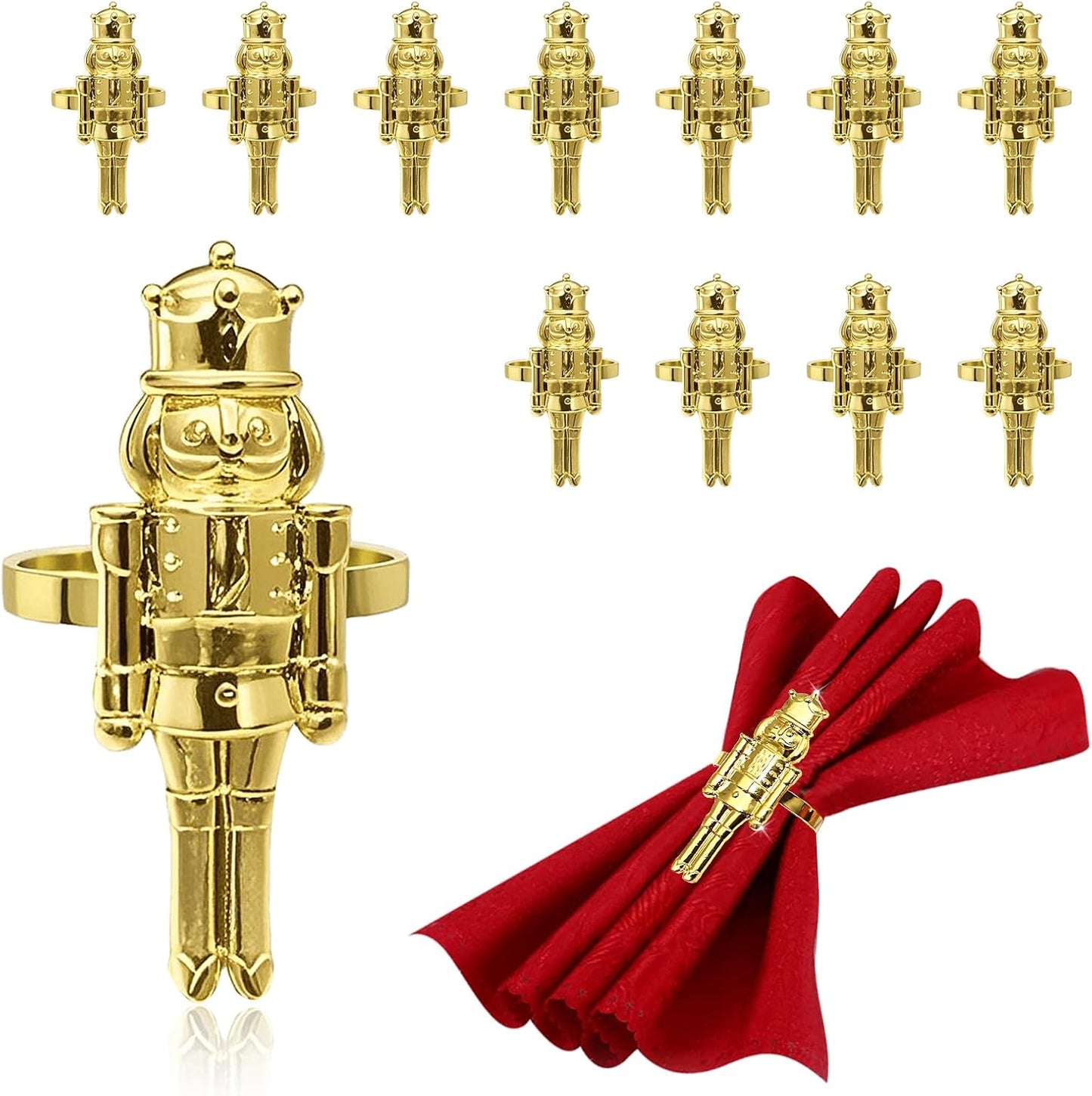 Gold Christmas Nutcracker Napkin Rings Set of 12 for Thanksgiving New Year Xmas Wedding Dinner Decor,Walnut Soldiers Napkin Ring Holders for Baby Shower Brithday Family Gathering Table Decor