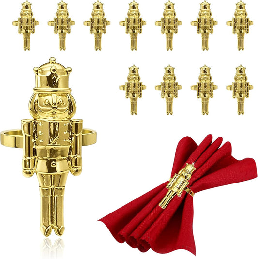 Gold Christmas Nutcracker Napkin Rings Set of 12 for Thanksgiving New Year Xmas Wedding Dinner Decor,Walnut Soldiers Napkin Ring Holders for Baby Shower Brithday Family Gathering Table Decor