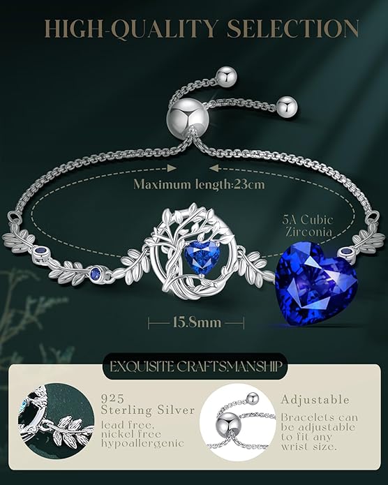 FANCIME Valentines Day Gift Tree of life Birthstone Bracelet for Women Sterling Silver Tree Jewelry Birthstone Charm Bracelet Gemstone Anniversary Birthday Gifts for Wife Mom Her