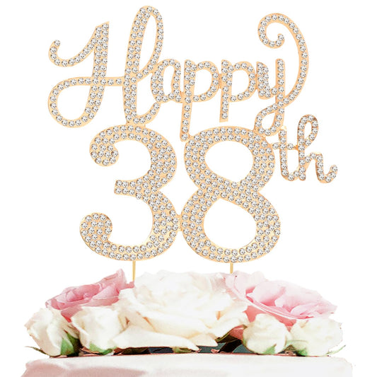 Happy 38th Birthday Decorations,38th Birthday Gold Rhinestone Cake Topper - Cheers to 38 Years Old Bday Party Metal Sparkly Cake Centerpieces Sign.