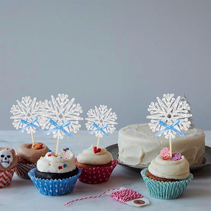 24Pcs Snowflake Cupcake Toppers Glitter Snowflake Cupcake Picks Frozen Blue Bow Snowflake Cake Decors Baby Shower Gender Reveal Winter Theme Christmas Party Cake Decor Supplies