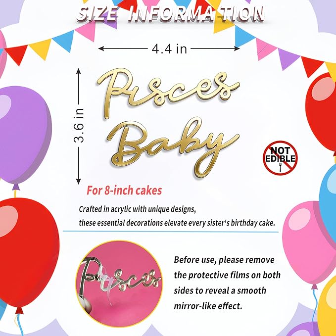 Libra Cake Topper – Zodiac Birthday Decoration for Libra Season, Horoscope Party Supplies for Baby or Adult Birthday (Pisces baby golden)