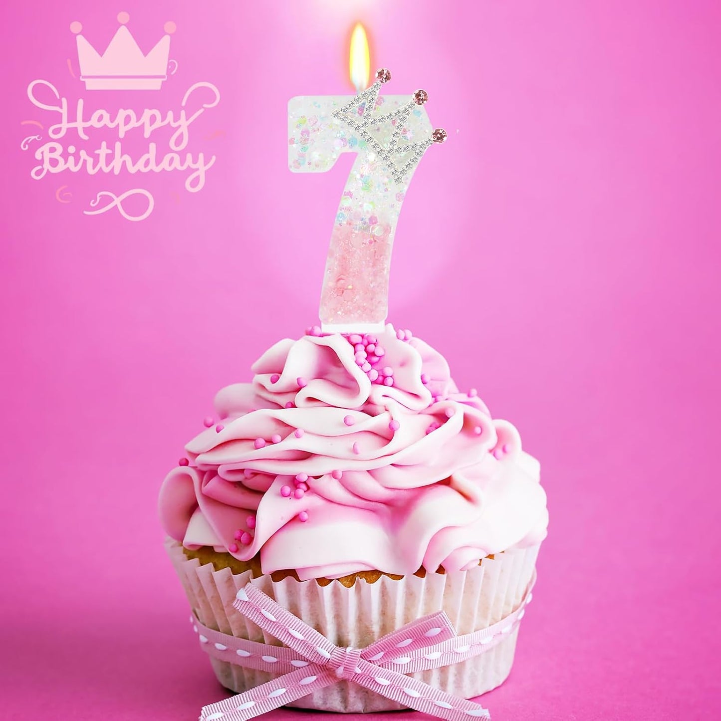 Pink White Number 7 Candle, Glitter Crown Cake Topper, Princess Birthday Party Decorations for Girls and Women Anniversary Celebrations Party Favors