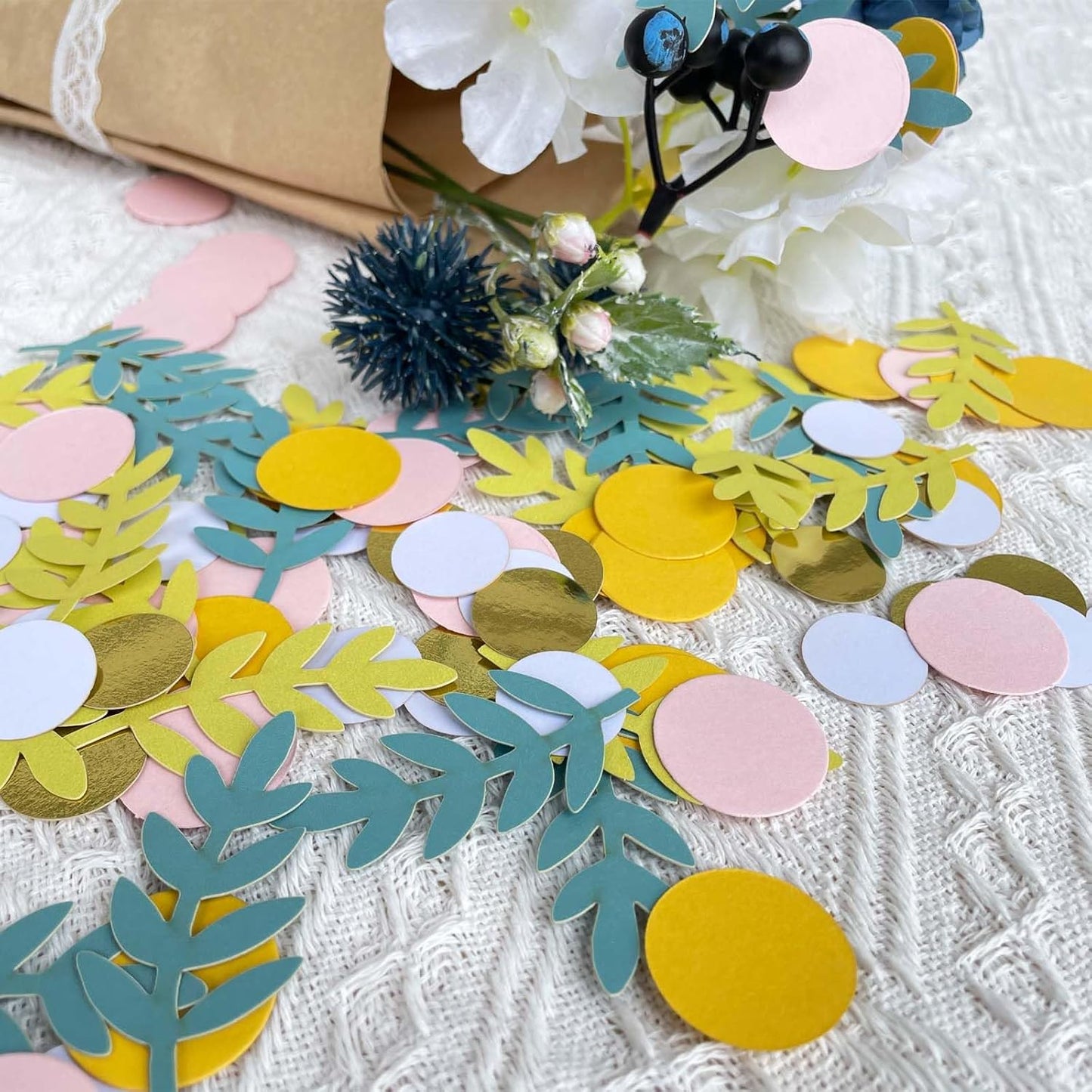 200 Pcs Baby Shower Confetti - Yellow Blue Eucalyptus Dots, Boho & Forest Party Decor, Bridal & Wedding Table Confetti