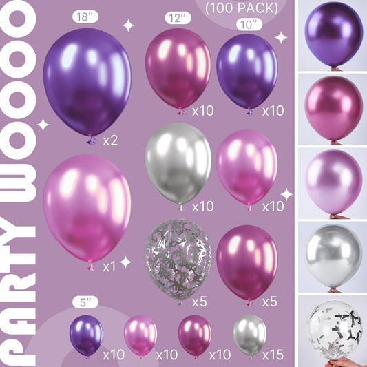 PartyWoo Pink and Purple Balloon Garland, 100 pcs Balloons Different Sizes Pack of 18 Inch 12 Inch 10 Inch 5 Inch Pink Purple Red Silver Metallic Balloons for Birthday Decorations, Party Decorations
