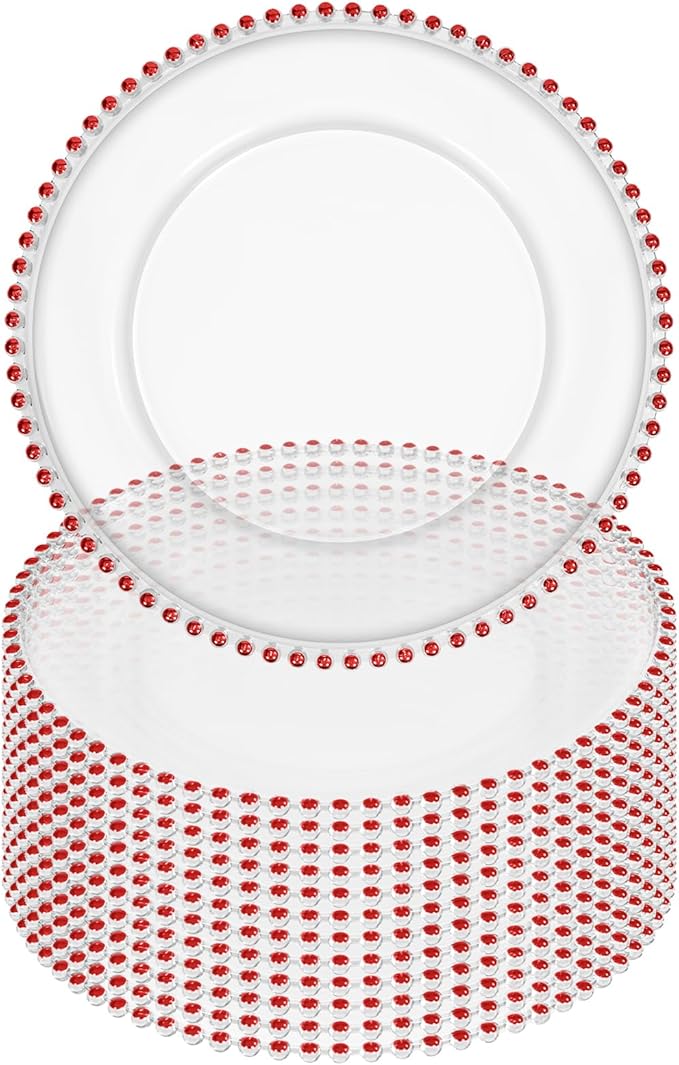 12 Pack Clear Charger Plates Bulk Wedding, 13 Inch Plastic Round Dinner Chargers with Red Beaded Rim, Acrylic Round Decorative Plates for Wedding Party Home and Tabletop Decor (Red)