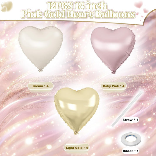Dusty Pink Cream Heart Balloons, 12Pcs 18 Inch Retro Blush Pink Nude Apricot Beige Pastel Gold Neutral Heart Shape Foil Balloon for Birthday Wedding Baby Bridal Shower Valentines Party Decorations