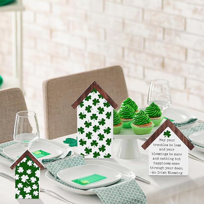 3 Pcs St. Patrick's Day Wood Tiered Tray Decorations Irish Wooden Table House Shape Block Sign Decor Rustic Shamrock Lucky Table Centerpiece for Home Table Centerpiece Farmhouse Shelf Mantel