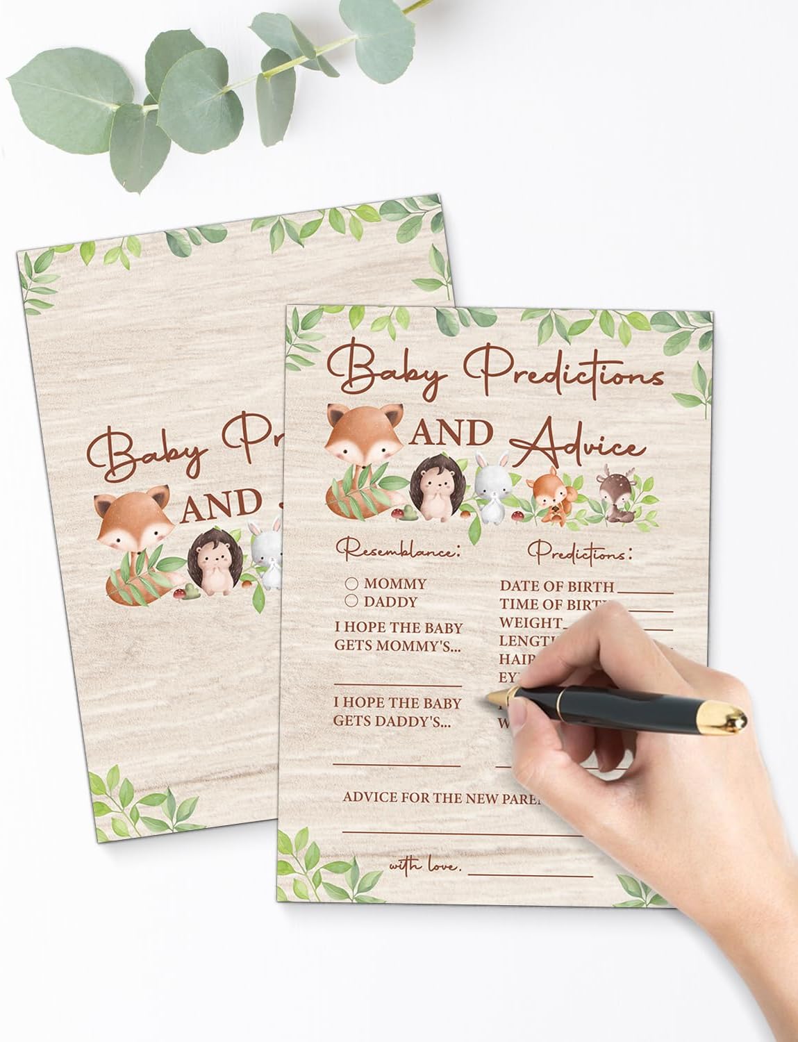 Baby Shower Predictions and Advice Cards for New Parents, Woodland Baby Shower Games, Set of 20 Cards, Forest Animals Theme, Gender Neutral Boy or Girl