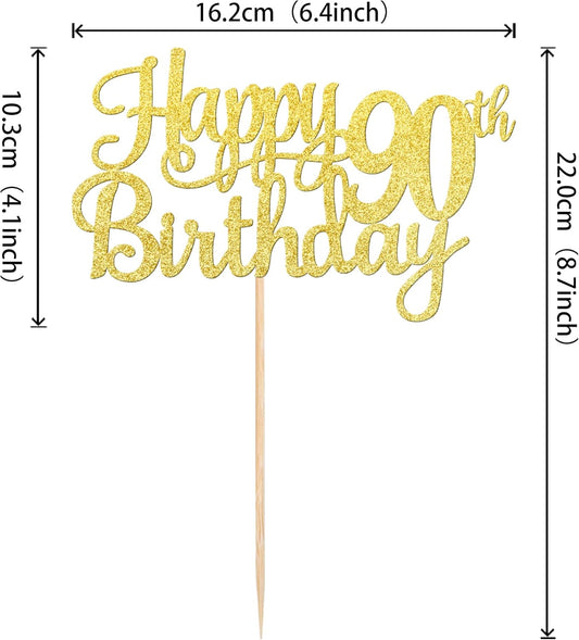 1 PCS Happy 90th Birthday Cake Topper Gold Glitter Cheers to 90 Years Birthday Cake Pick 90 Fabulous Cake Decoration for Happy 90th Birthday Theme Party Decorations Supplies