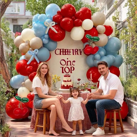 Red Blue Cherry Balloon Arch Kit Double Stuffed, Ruby Red Dusty Light Blue White Sand Ivory Balloon Garland with Long Latex Balloons for Cherry on Top Birthday Valentines Baby Shower Party Decor