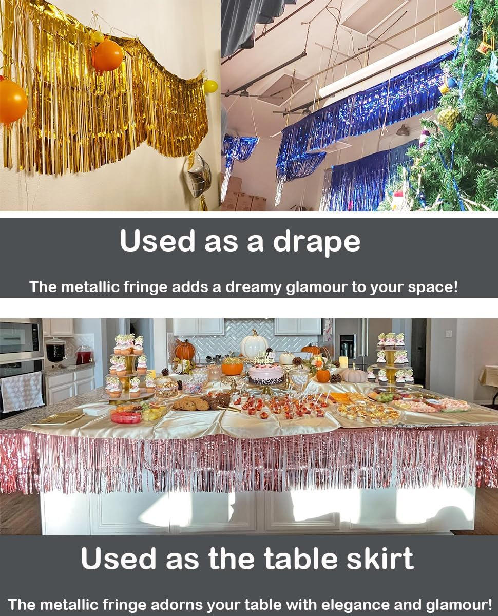 3 Pack Total 30 Feet Foil Fringe Garland Metallic Wall Hanging Drapes Tassel Skirting Tinsel Streamers Decorations for Parade Float Trailer Mardi Gras Party Birthday Wedding (Gold)