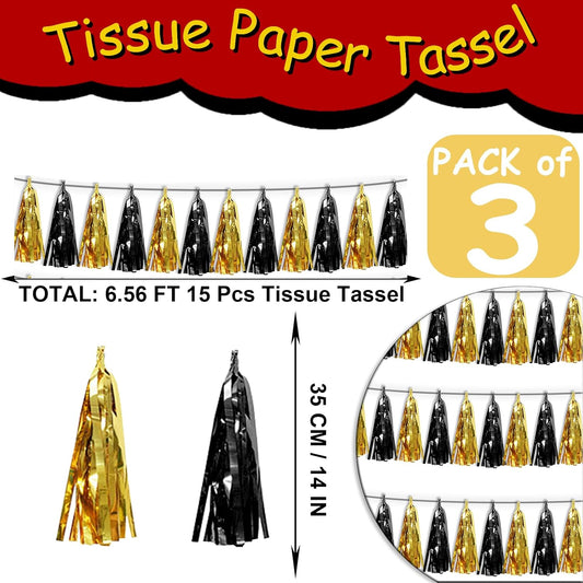 3P Black Gold Tassel Banner Garland Metallic Foil Fringe Banner Tinsel Tassels Streamer Banner Backdrop for Parade Floats, 2025 Graduation Decorations, Father's Day,New Years Party Decoration