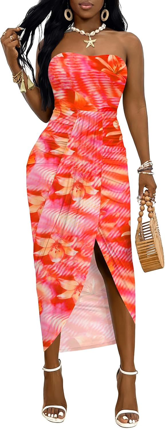 Umenlele Women's Strapless Ruched High Waist Wrap Split Asymmetrical Beach Maxi Long Dress