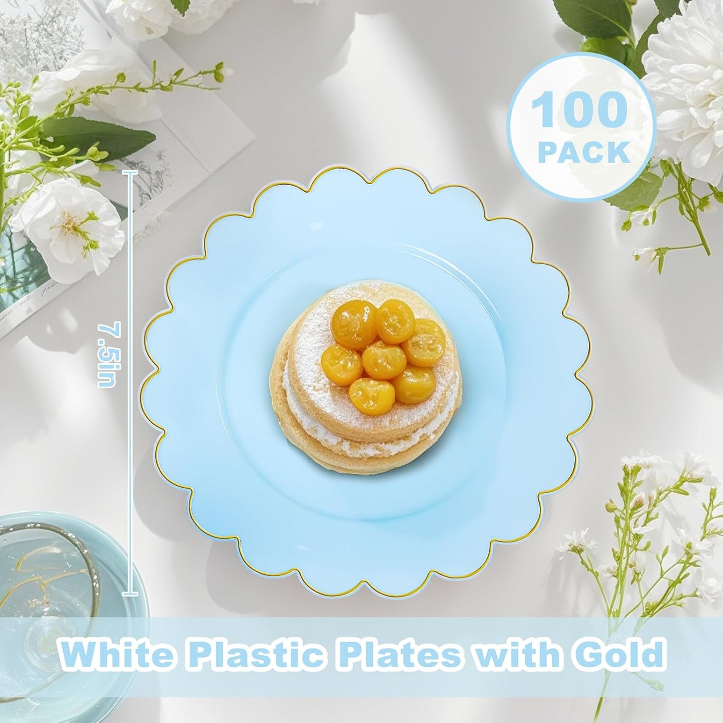 LIYH 100 Pcs Blue Plastic Plates - 7.5 Inch Scalloped Edges Disposable Dessert/Salad Plate- Blue with Gold Rim Premium Hard Appetizer Cake Plastic Plates for Party, Weddings, Bridal Shower