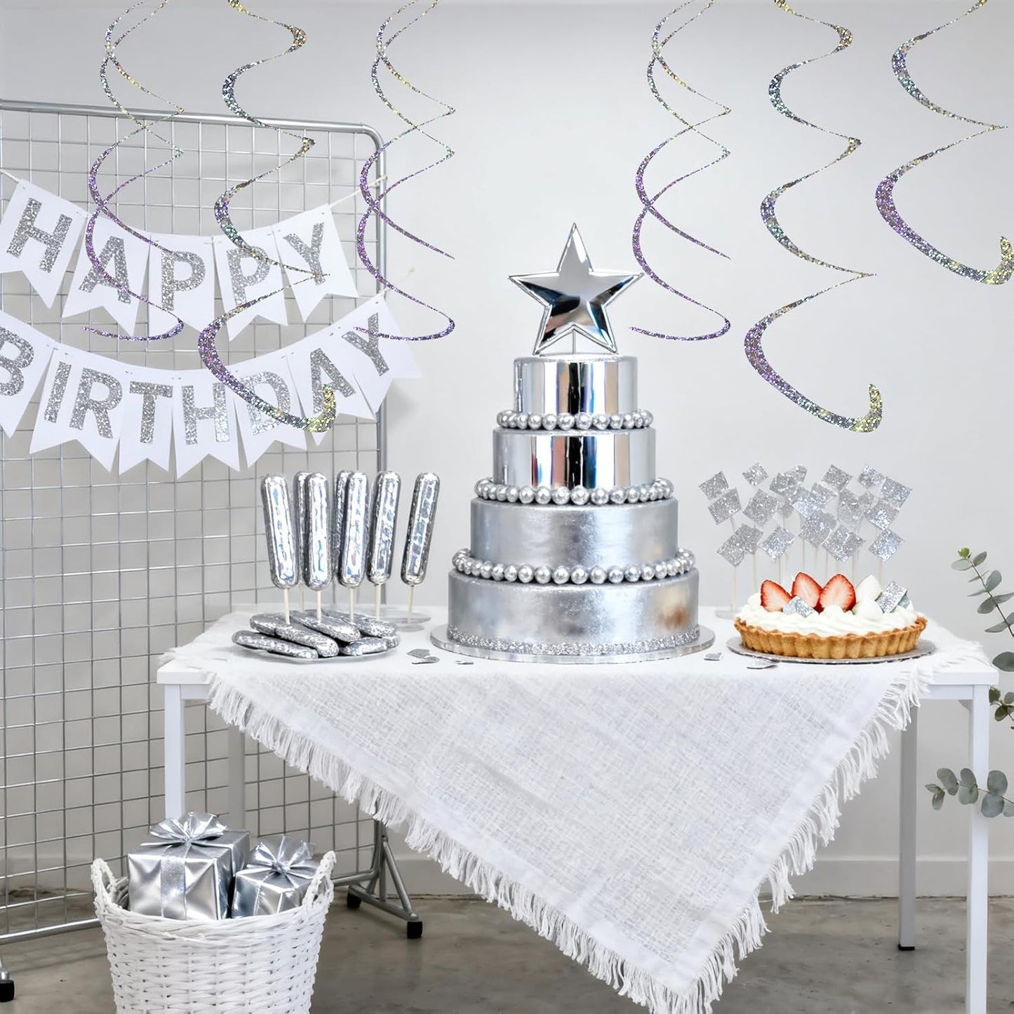 Fumwase 30PCS Hanging Swirl Party Decorations Shinny Foil Plastic Party Streamer for Ceiling Ornament Set for Home School Birthday Wedding Halloween Decorations (Sliver)