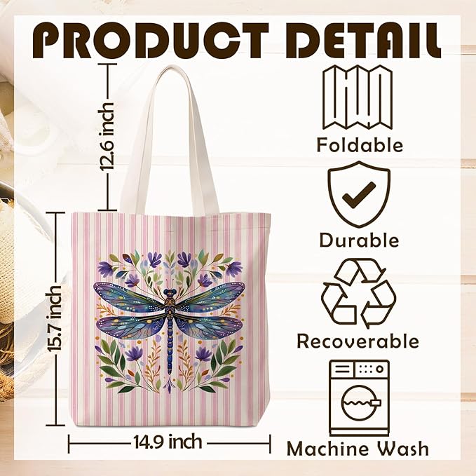 Purple Dragonfly Floral Tote Bag for Women,Dragonfly Canvas Tote Bag for Girls,Purple and White Striped Farmhouse Botanical Aesthetic Reusable Shopping Grocery Bags Party Favors