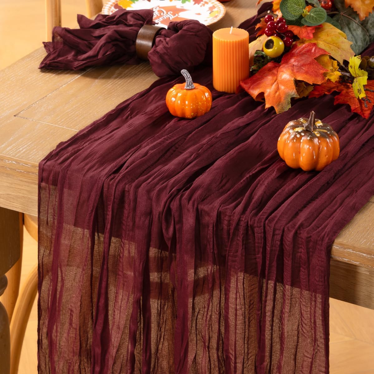 MLMC Burgundy Red Table Runner 10ft Rustic Gauze Wine Red Cheesecloth Table Runner Fall Cheese Cloth Centerpiece 35x120 Inches for Halloween Wedding Party Bridal Shower Anniversary Events Decor