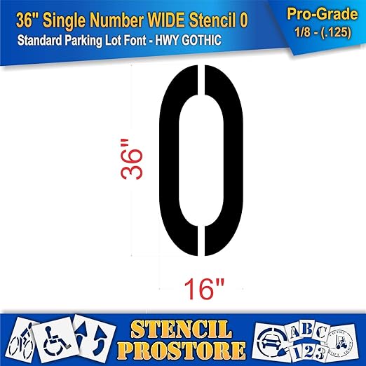 Pavement Stencils - 36 inch Single Number Stencil (Wide) - 0-36" x 16" x 1/8" (128 mil) - Pro-Grade