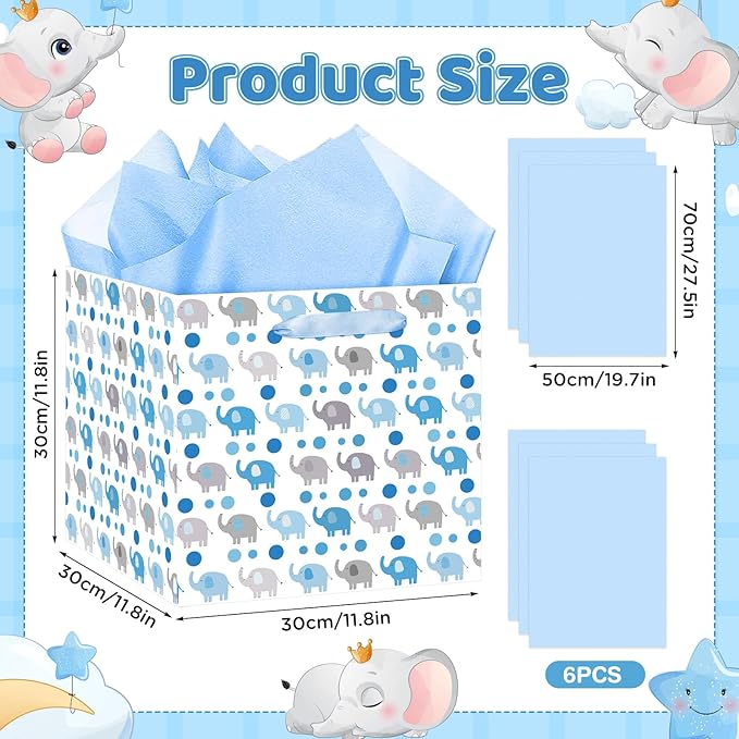 Woosytoo Extra Large Baby Boy Gift Bags - Blue Elephant Square Gift Bag with Wrapping Paper Jumbo Baby Shower Wrapping Paper Bag for Newborn Congratulations Gifts It's a Boy Party Favors Decor