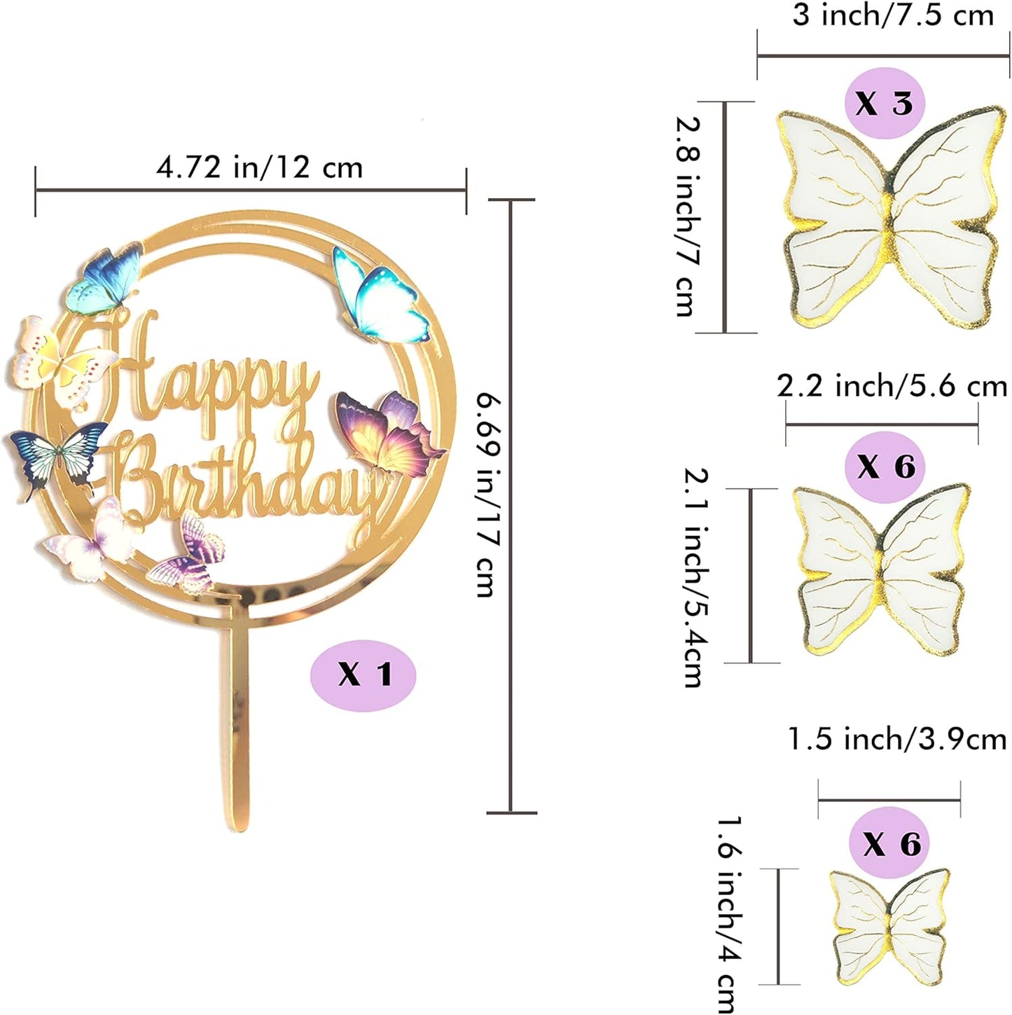 Butterfly Cake Toppers Decorations - 1 Big Happy Birthday Cake Topper & 15Pcs 3D White Gold Butterfly Cupcake Toppers - Perfect for Women Girl's Birthday