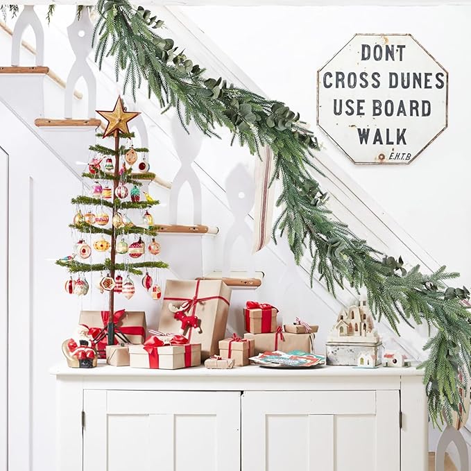 DearHouse Pine Garland Christmas Decoration, Artificial Greenery Garland Norfolk Pine Leaves and Eucalyptus for Holiday Season Mantel Fireplace Table Runner Centerpiece (Pine Garland with Eucalyptus)