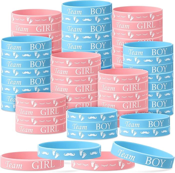 Jetec 60 Pieces Gender Reveal Bracelets, Team Boy Silicone Wristbands and Team Girl Rubber Bracelets for Gender Reveal Ideas Party Supplies Decorations
