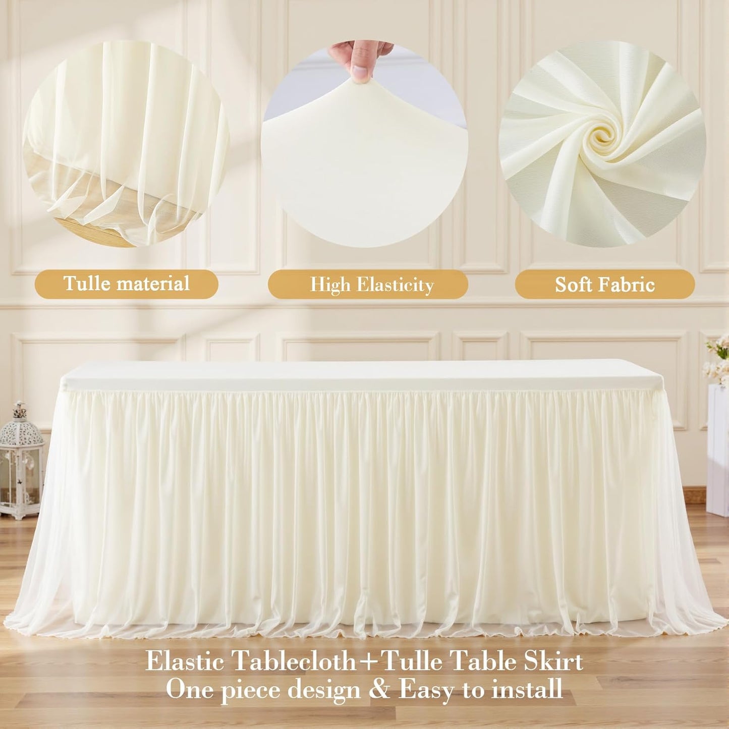 Suppromo Ivory Tulle Tablecloth for 4 Foot Rectangular Tables, 48 x 24 Inch White Rectangle Table Cloth, Wrinkle Free Table Cover with Tutu Skirt for Wedding Birthday Party Banquet Tablecover