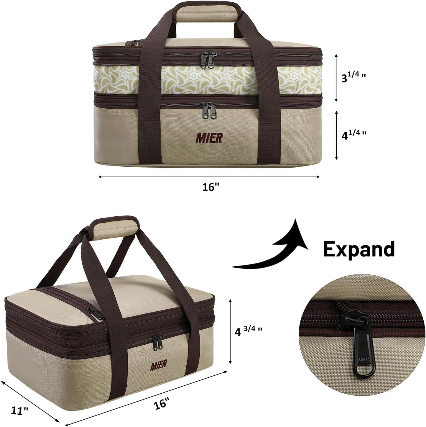 MIER Insulated Double Casserole Carrier Bag Thermal Lunch Tote for Lasagna Lugger, Potluck Parties, Picnic, Beach, Fits 9 x 13 Inches Baking Dish, Casserole Dish, Expandable by Mid Zipper, Khaki